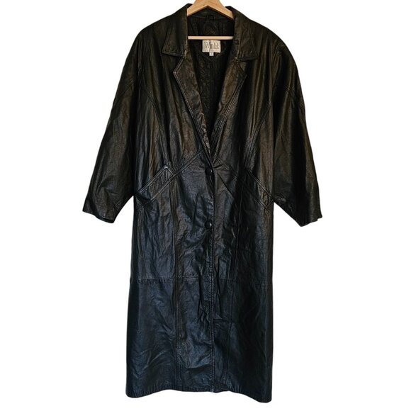 VTG Winlit Leather Trench Medium retro goth vamp 80s black - Picture 1 of 14